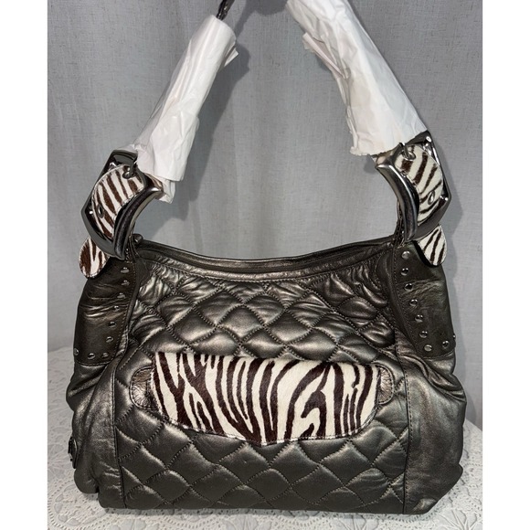 Carlos Falchi Handbags - NEW Carlos Falchi Chi Purse Quilted Metallic Zebra Calf Hair Hobo Shoulder Bag